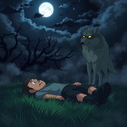 An animated scene featuring a scared man lying on the grass at night, in the presence of a menacing wolf