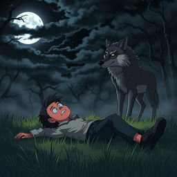 An animated scene featuring a scared man lying on the grass at night, in the presence of a menacing wolf