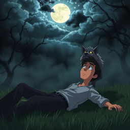 An animated scene featuring a scared man lying on the grass at night, in the presence of a menacing wolf