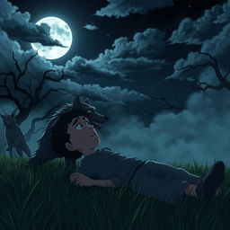 An animated scene featuring a scared man lying on the grass at night, in the presence of a menacing wolf