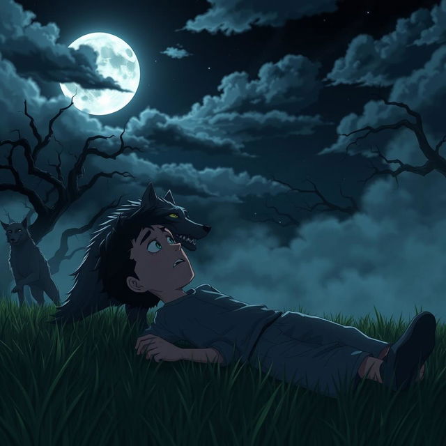 An animated scene featuring a scared man lying on the grass at night, in the presence of a menacing wolf