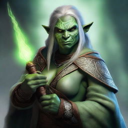 A high-quality digital art image featuring a female Orc wizard with light green skin and Scandinavian features