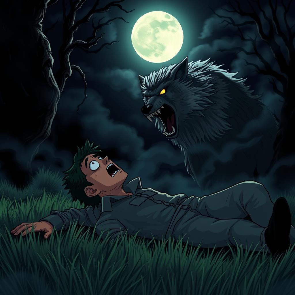 An animated scene depicting a scared man lying on the grass at night, in the presence of a furious wolf