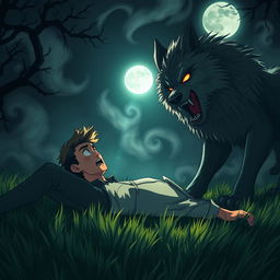 An animated scene depicting a scared man lying on the grass at night, in the presence of a furious wolf