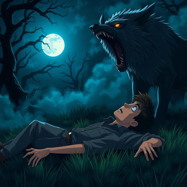 An animated scene depicting a scared man lying on the grass at night, in the presence of a furious wolf