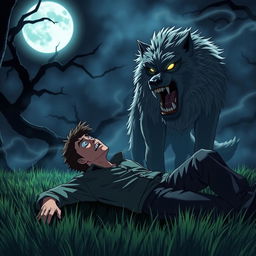 An animated scene depicting a scared man lying on the grass at night, in the presence of a furious wolf