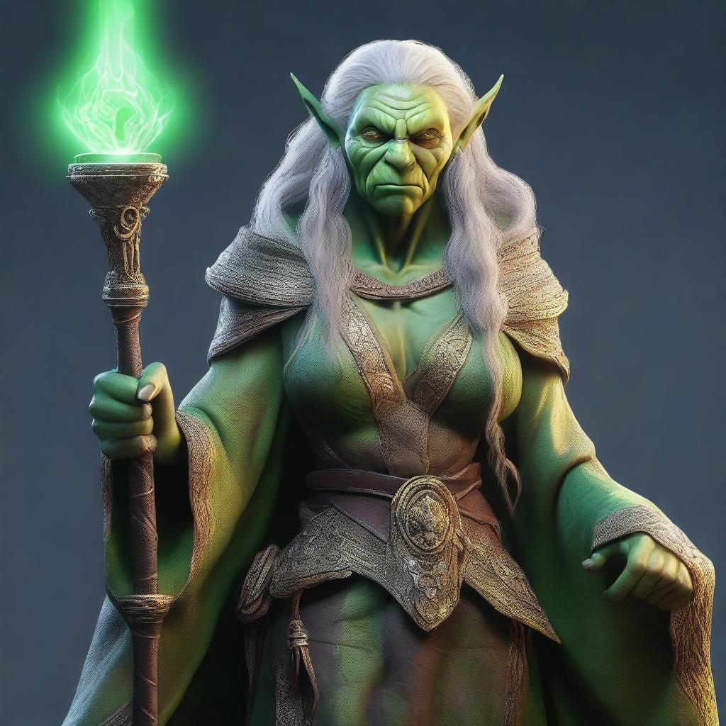 A high-quality digital art image featuring a female Orc wizard with light green skin and Scandinavian features