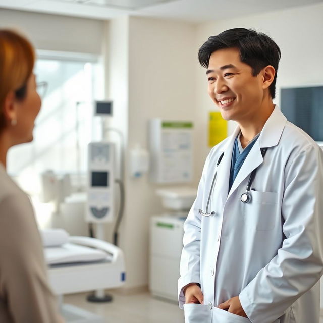 A confident and caring doctor in a modern hospital setting, wearing a crisp white lab coat, stethoscope around their neck, engaged in conversation with a patient