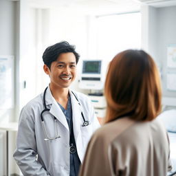 A confident and caring doctor in a modern hospital setting, wearing a crisp white lab coat, stethoscope around their neck, engaged in conversation with a patient