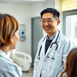 A confident and caring doctor in a modern hospital setting, wearing a crisp white lab coat, stethoscope around their neck, engaged in conversation with a patient