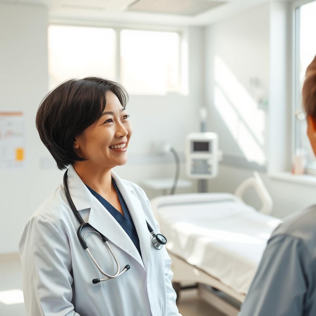 A confident and caring doctor in a modern hospital setting, wearing a crisp white lab coat, stethoscope around their neck, engaged in conversation with a patient