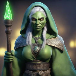 A high-quality digital art image featuring a female Orc wizard with light green skin and Scandinavian features