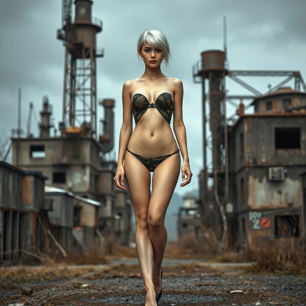 A 22-year-old thin girl with round silicone breasts and striking white hair, presented in a full body view