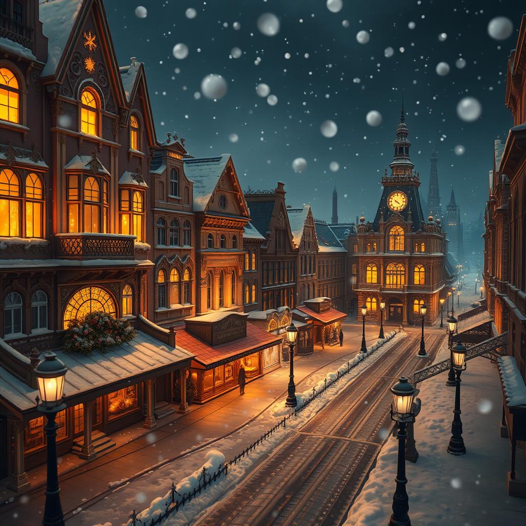 A high-resolution aerial view of a whimsical Victorian city at night, showcasing beautifully decorated buildings and empty streets, softly blanketed in snow