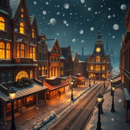 A high-resolution aerial view of a whimsical Victorian city at night, showcasing beautifully decorated buildings and empty streets, softly blanketed in snow