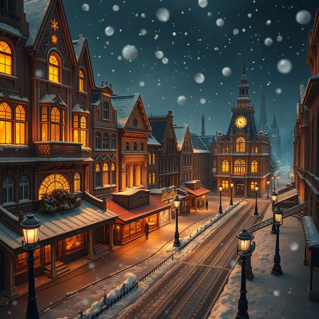 A high-resolution aerial view of a whimsical Victorian city at night, showcasing beautifully decorated buildings and empty streets, softly blanketed in snow