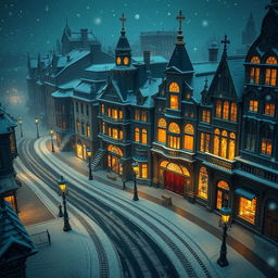 A high-resolution aerial view of a whimsical Victorian city at night, showcasing beautifully decorated buildings and empty streets, softly blanketed in snow