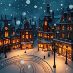A high-resolution aerial view of a whimsical Victorian city at night, showcasing beautifully decorated buildings and empty streets, softly blanketed in snow