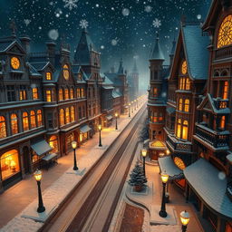 A high-resolution aerial view of a whimsical Victorian city at night, showcasing beautifully decorated buildings and empty streets, softly blanketed in snow