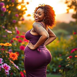 A vibrant and playful depiction of a curvy woman with an emphasis on her big, beautiful backside