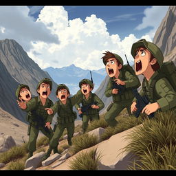 An animated scene of military personnel shouting in the mountains, searching for someone