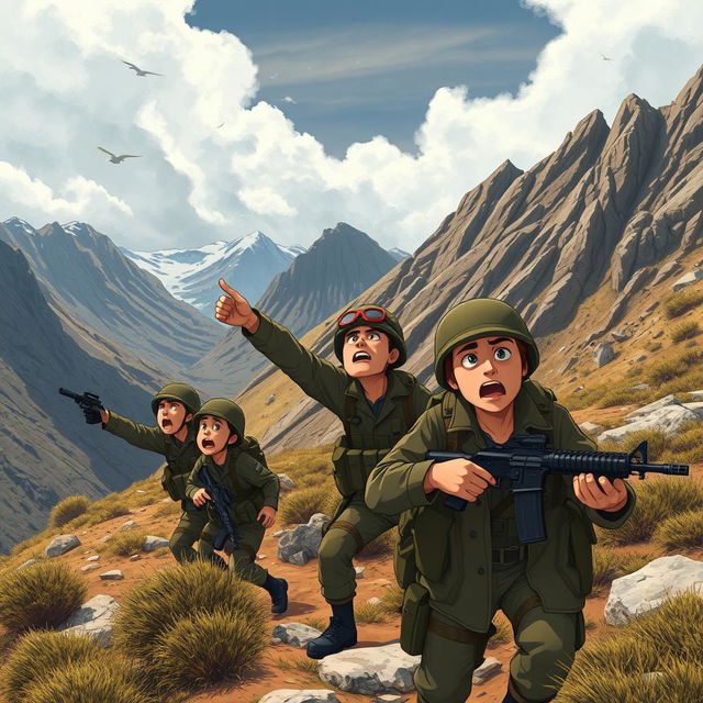 An animated scene of military personnel shouting in the mountains, searching for someone