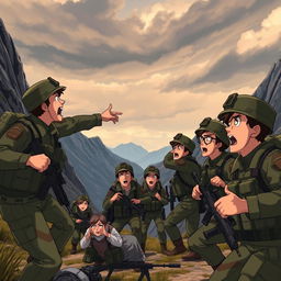 An animated scene of military personnel shouting in the mountains, searching for someone