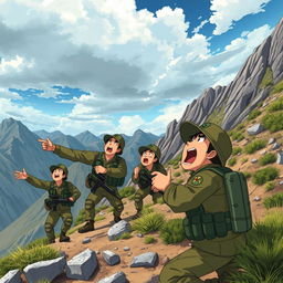 An animated scene of military personnel shouting in the mountains, searching for someone