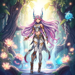 A beautifully rendered illustration of a stunning futanari character, featuring well-defined and attractive features, with flowing long hair in vibrant colors, wearing an intricately designed outfit that combines elements of fantasy and sci-fi