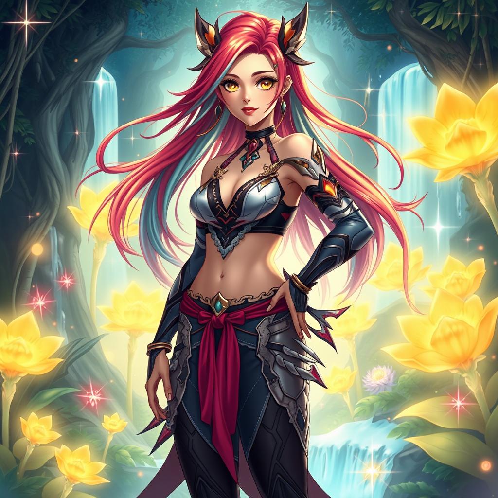 A beautifully rendered illustration of a stunning futanari character, featuring well-defined and attractive features, with flowing long hair in vibrant colors, wearing an intricately designed outfit that combines elements of fantasy and sci-fi