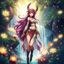 A beautifully rendered illustration of a stunning futanari character, featuring well-defined and attractive features, with flowing long hair in vibrant colors, wearing an intricately designed outfit that combines elements of fantasy and sci-fi