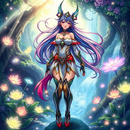 A beautifully rendered illustration of a stunning futanari character, featuring well-defined and attractive features, with flowing long hair in vibrant colors, wearing an intricately designed outfit that combines elements of fantasy and sci-fi
