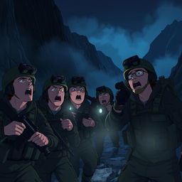 An animated scene of military personnel shouting in the dark mountains, searching for someone