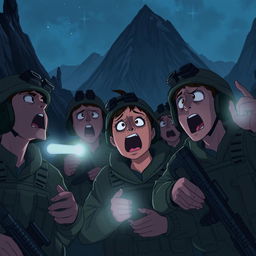 An animated scene of military personnel shouting in the dark mountains, searching for someone