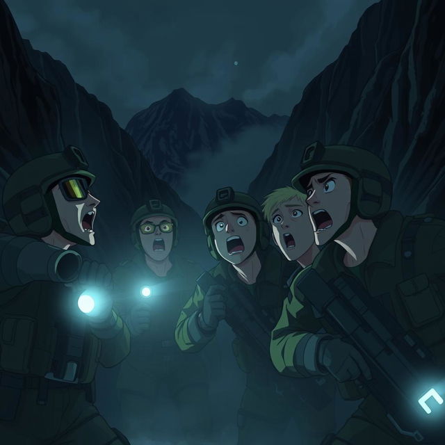 An animated scene of military personnel shouting in the dark mountains, searching for someone