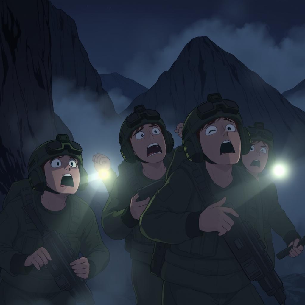 An animated scene of military personnel shouting in the dark mountains, searching for someone