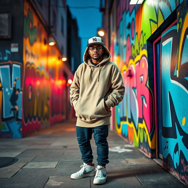 A vibrant hip-hop themed scene featuring a charismatic individual with an urban style, standing confidently in front of a colorful graffiti wall