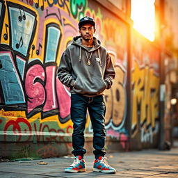 A vibrant hip-hop themed scene featuring a charismatic individual with an urban style, standing confidently in front of a colorful graffiti wall