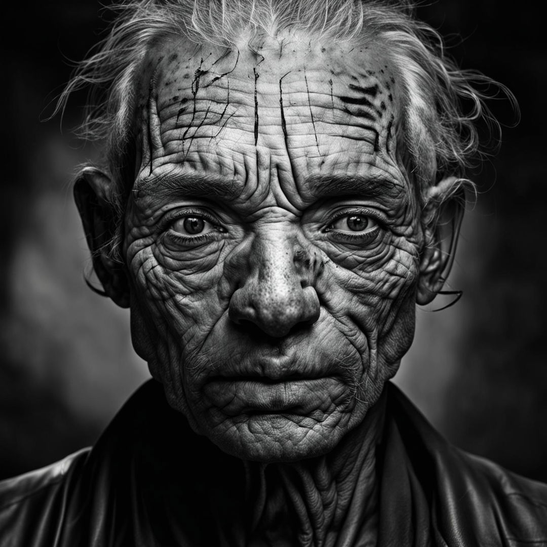 A black and white, hyperrealistic concept art image of an older man's face, marked with life experiences