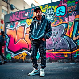 A vibrant hip-hop themed scene featuring a charismatic individual with an urban style, standing confidently in front of a colorful graffiti wall