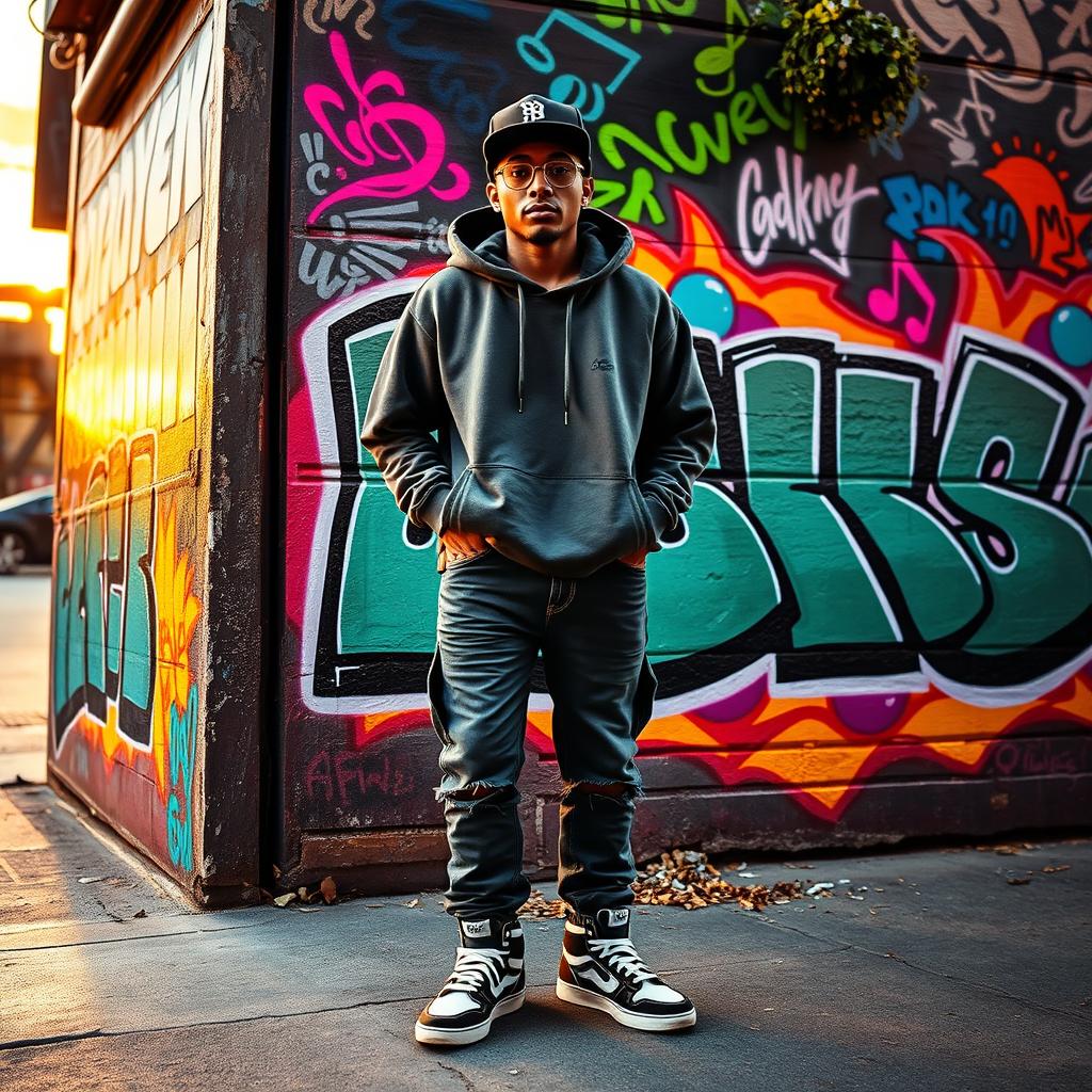 A vibrant hip-hop themed scene featuring a charismatic individual with an urban style, standing confidently in front of a colorful graffiti wall