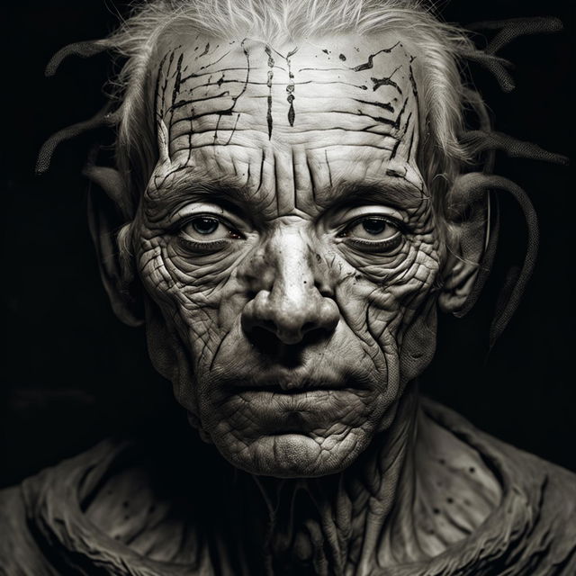 A black and white, hyperrealistic concept art image of an older man's face, marked with life experiences