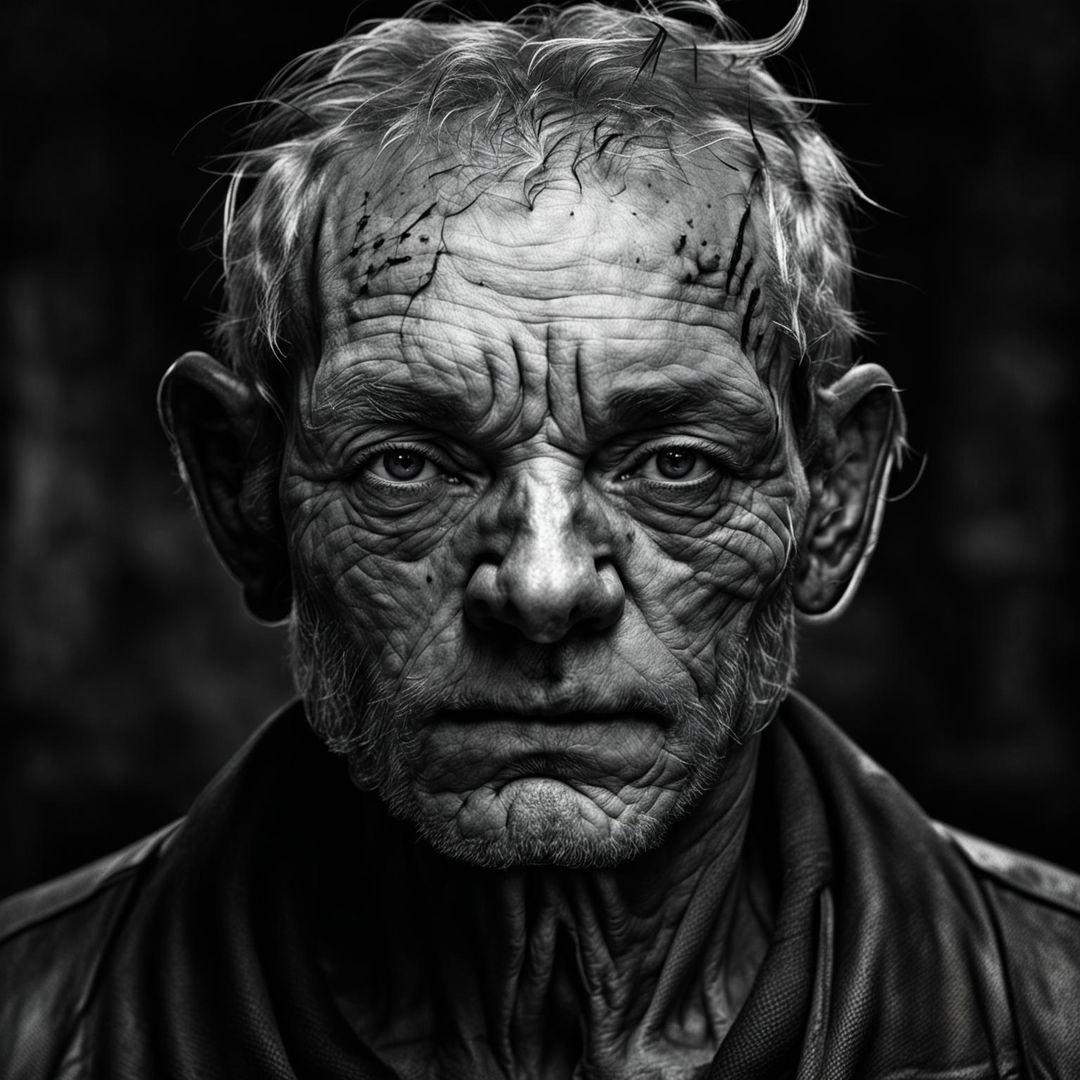 A black and white, hyperrealistic concept art image of an older Irish man's face, marked with life experiences