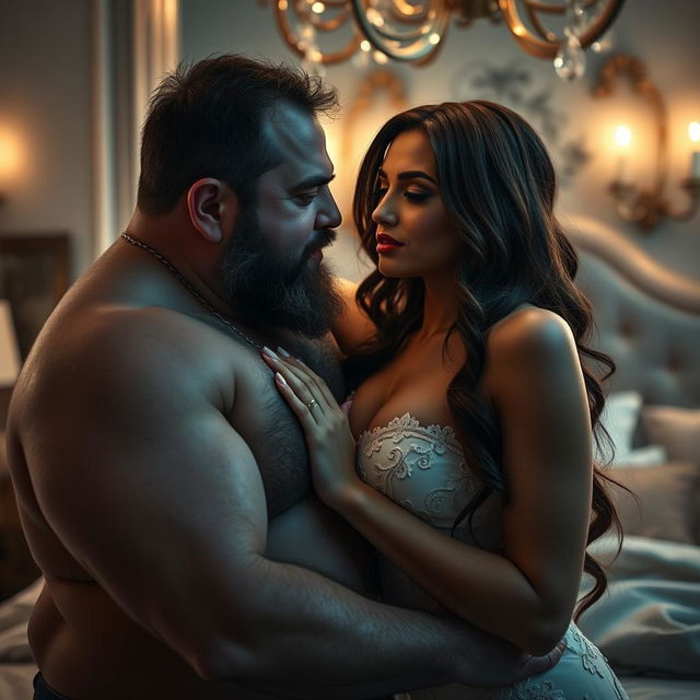 A scene depicting a chubby, rugged man with a scruffy beard engaging intimately with a stunning woman, whose beauty radiates elegance and allure