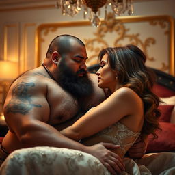 A scene depicting a chubby, rugged man with a scruffy beard engaging intimately with a stunning woman, whose beauty radiates elegance and allure