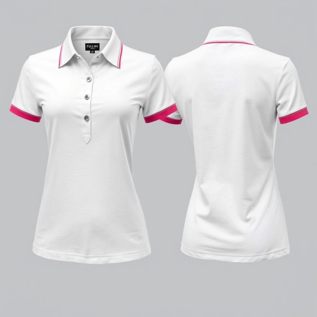 A women's polo shirt featuring three buttons showcased in a front view, alongside a side view showing the back
