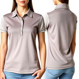 A women's polo shirt featuring three buttons showcased in a front view, alongside a side view showing the back