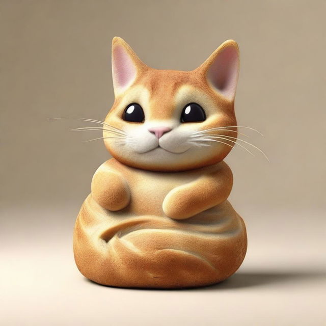 An image of a unique cat, its body humorously crafted from a loaf of bread