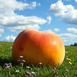 A gigantic, perfectly ripe peach resting on a lush green meadow, basking in the warm sunlight