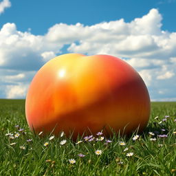 A gigantic, perfectly ripe peach resting on a lush green meadow, basking in the warm sunlight